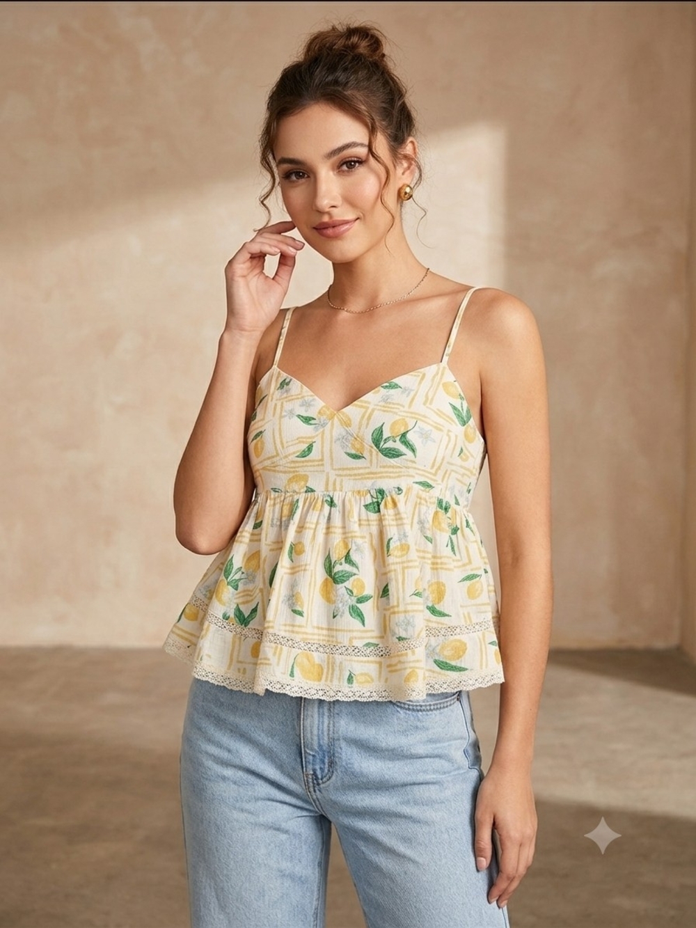 Arizona Jean Company Cream Lemon-Print Peplum Cami